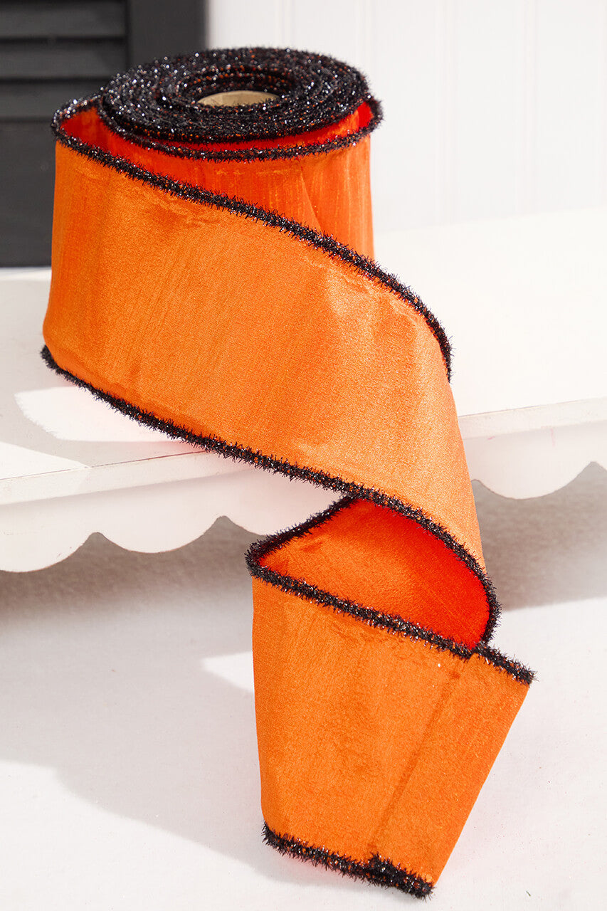 4" x 10 Yard Orange Dupioni Ribbon with Black Tinsel Edge Halloween & Fall Craft Ribbon