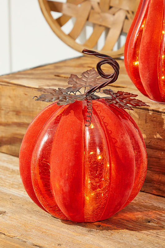 12" Velvet & Glass Light Up Pumpkin Orange Decorative Fall & Halloween Accent