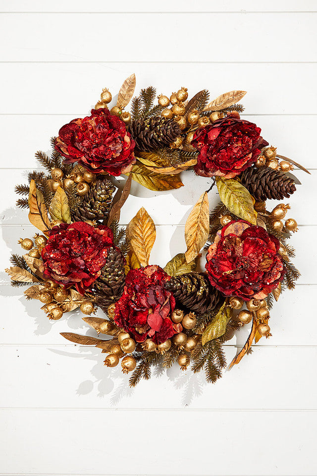 24" Burgundy & Gold Peony Laurel Berry Wreath Elegant Floral Door & Wall Decor