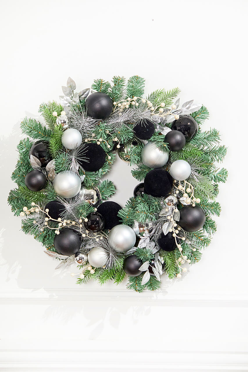 24" Christmas Pine Wreath with Black Velvet Balls Elegant Holiday Door Decor