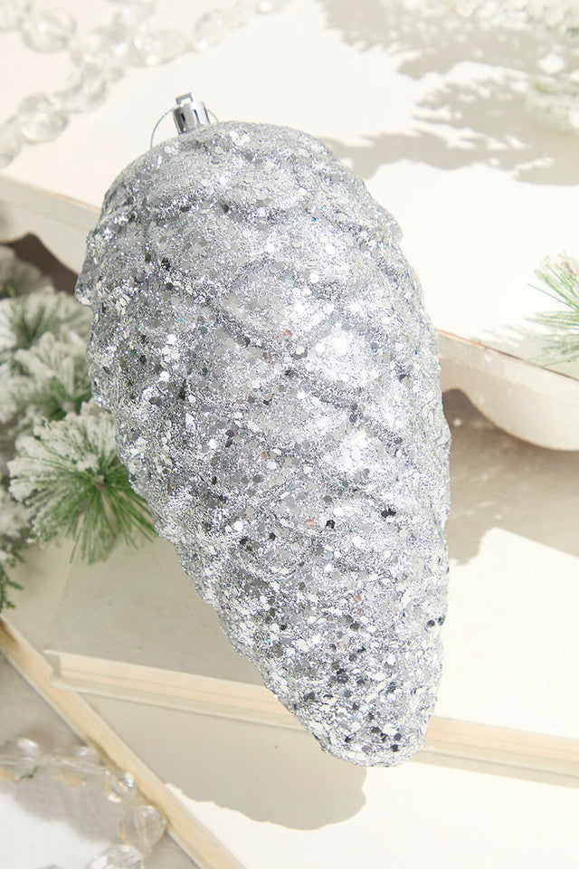 9" Glitter Pine Cone with Hanger Silver Christmas Decoration