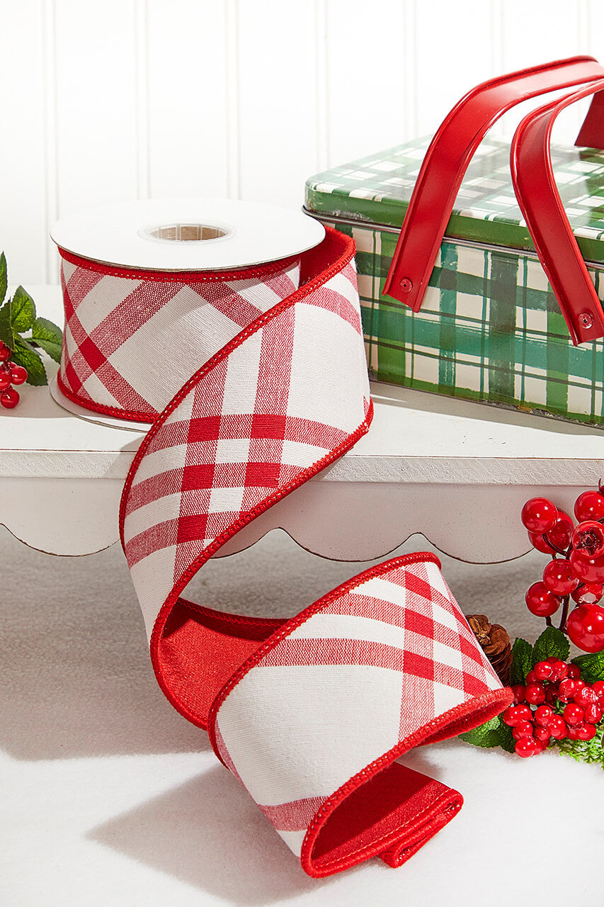2.5" x 5 Yard Red and White Plaid Taffeta Ribbon Wired Christmas Gift Wrapping and Craft Ribbon