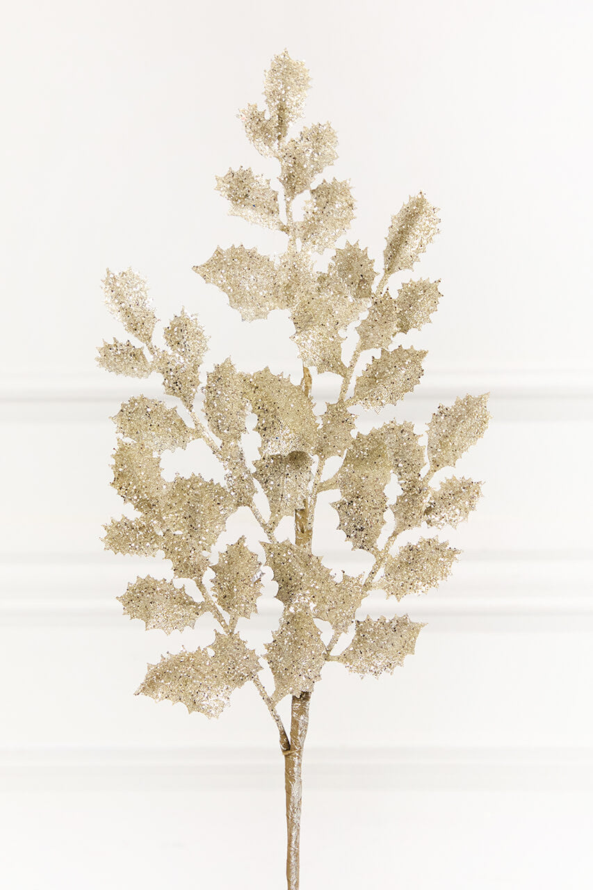 23" Platinum Shimmer Metallic Holly Elegant Artificial Christmas Stem for Holiday Arrangements and Winter Décor