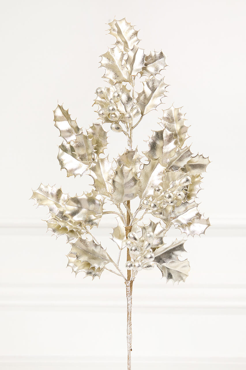 Platinum Holly Berry Stem 27" Metallic Artificial Christmas Floral Pick for Elegant Holiday Arrangements