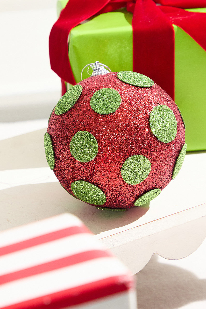 5? Polka Dot Ball Ornament Glittery Holiday Tree Accent