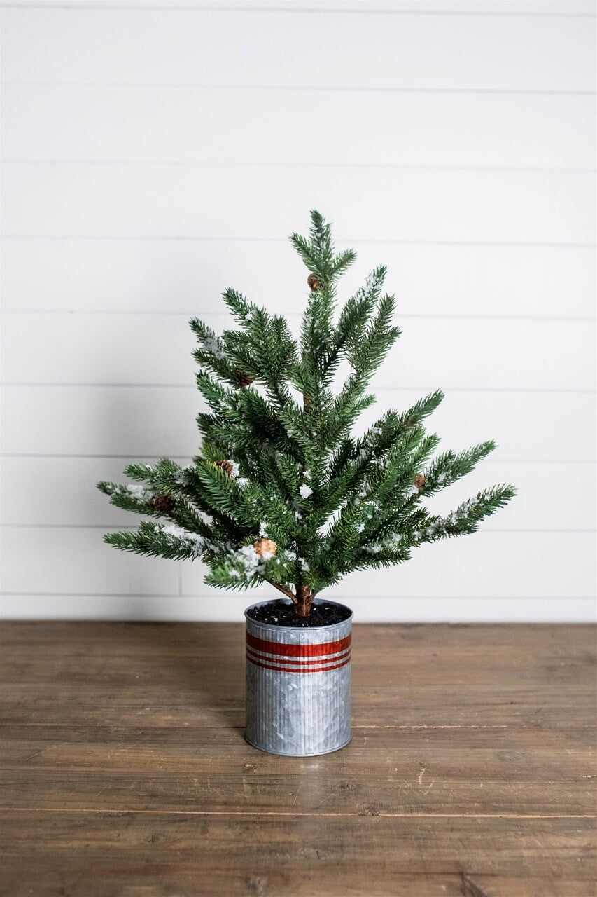 24” Farmhouse Potted Snowy Pine Tree Rustic Winter Holiday Decor