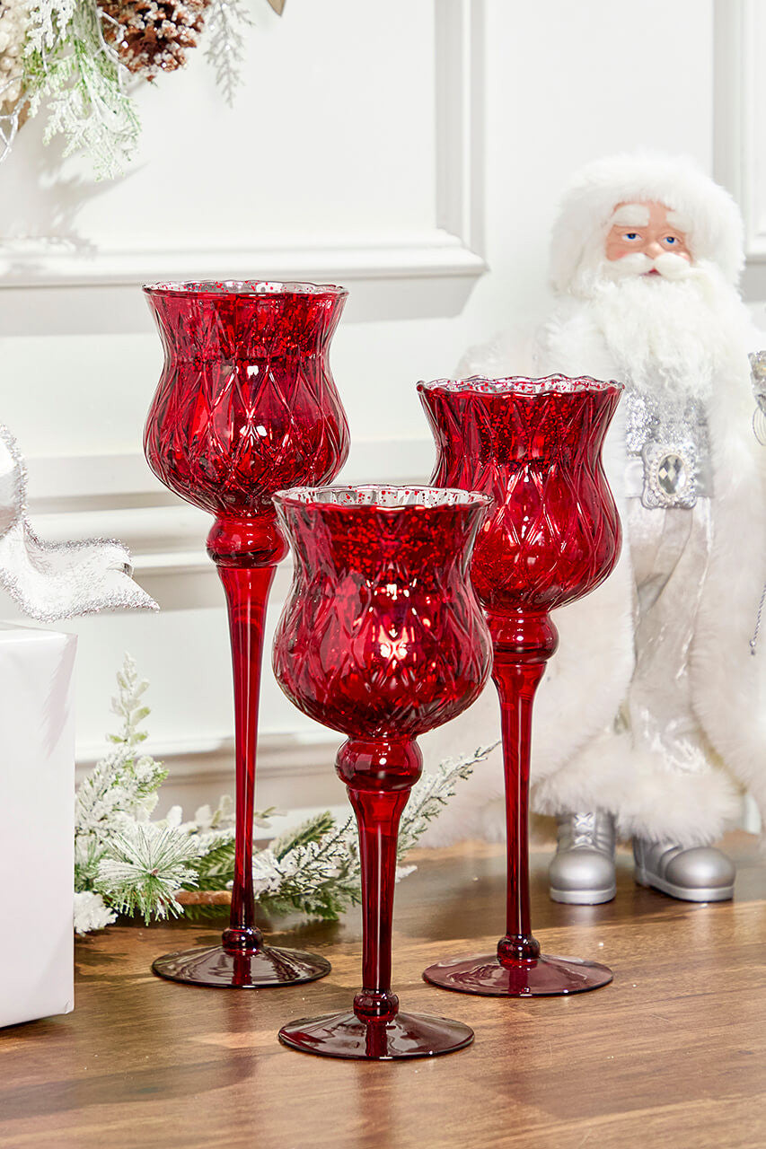 Red Mercury Glass Candle Holders – Set of 3