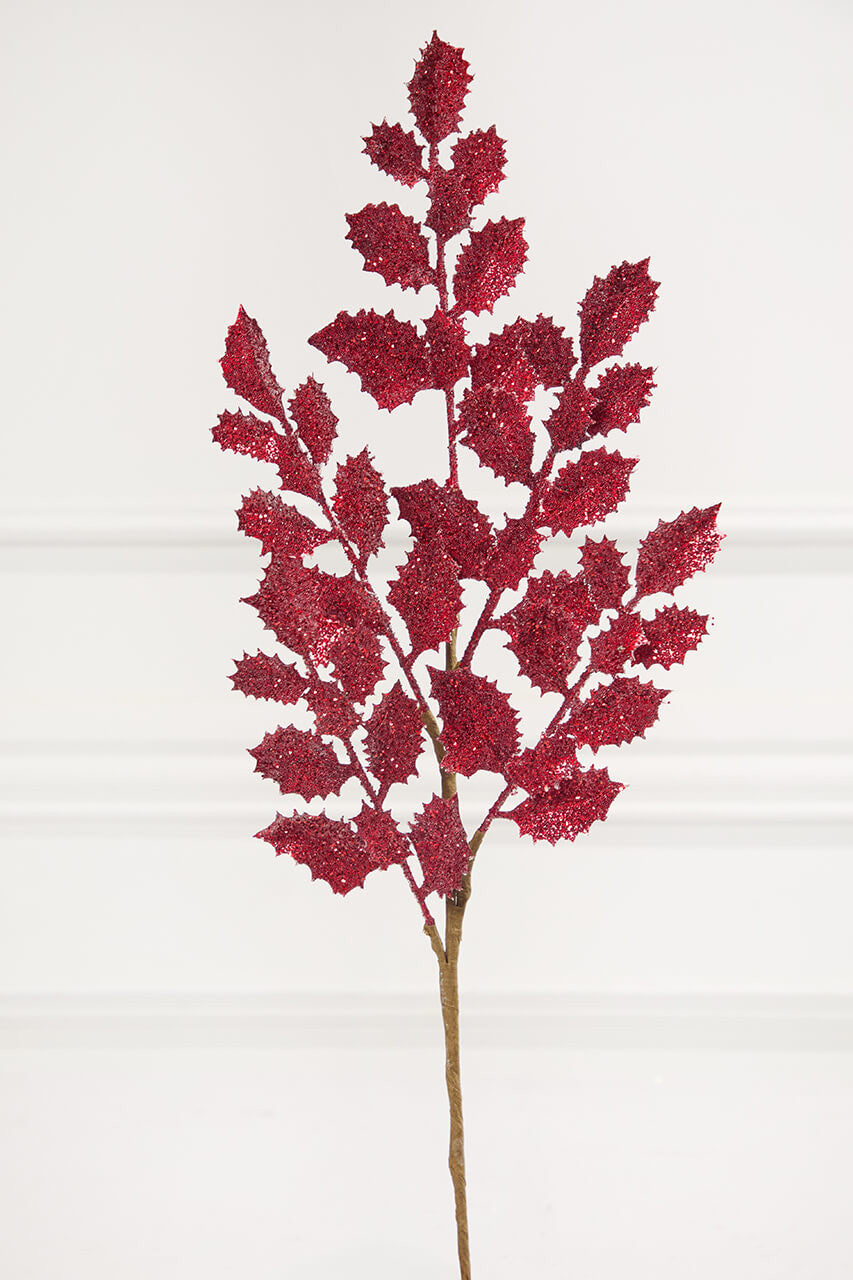 Red Shimmer Metallic Holly Stem 23" Artificial Christmas Floral Pick for Holiday Arrangements & Festive Décor