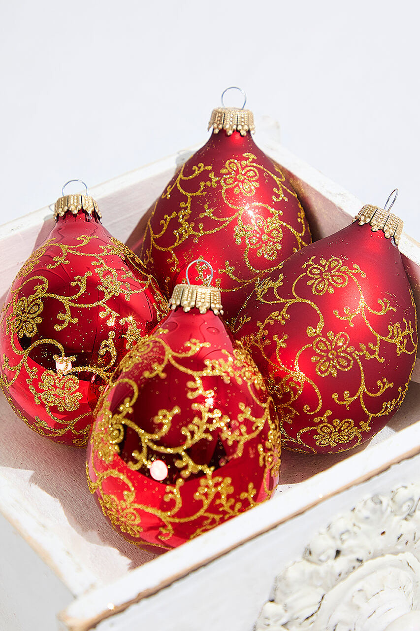 4-Count Red Velvet Glass Drop Ornaments with Gold Floral Glitter Accents