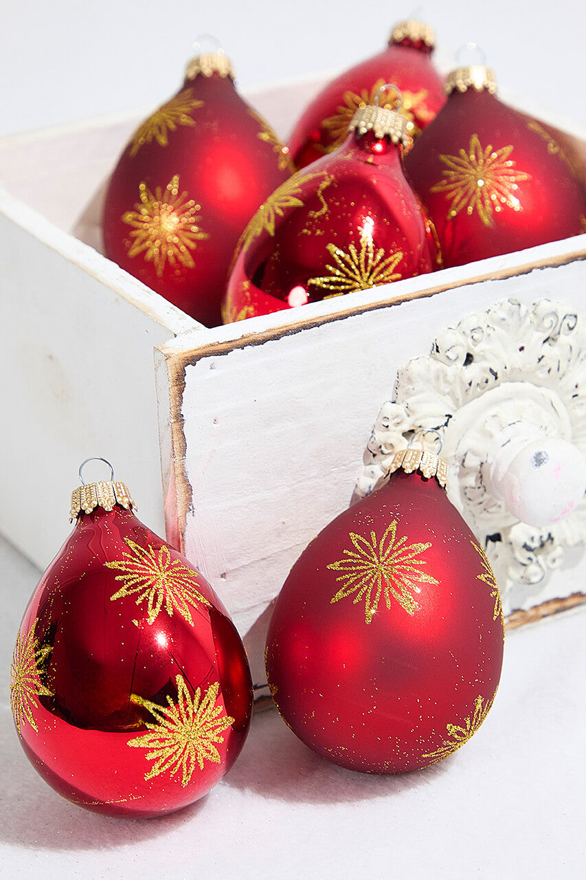 6ct Drop Glass Christmas Red & Red Velvet with Gold Snowflake Ornament Festive Holiday Decor