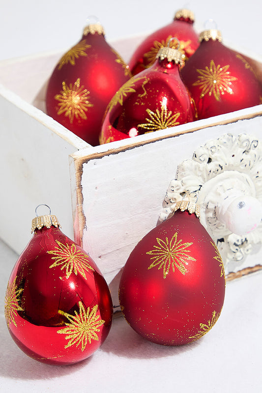 6ct Drop Glass Christmas Red & Red Velvet with Gold Snowflake Ornament Festive Holiday Decor