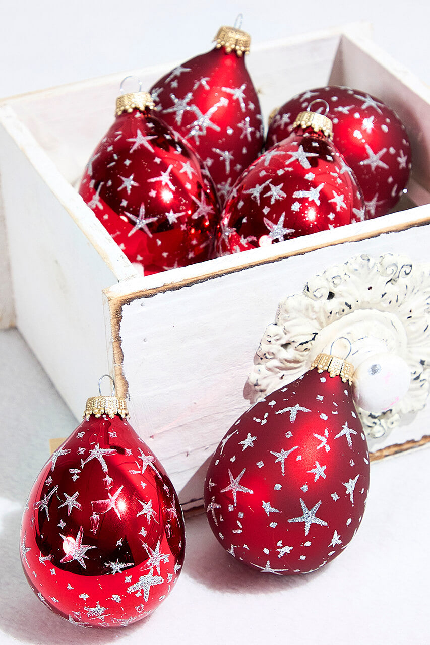 6ct Glass Drop Ornament Set Red Velvet Silver Stars Christmas Decoration