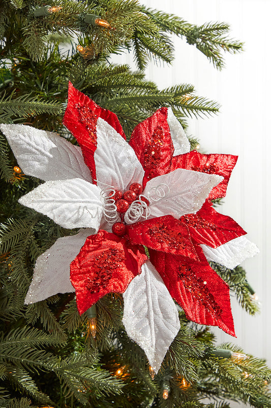 22? × 10? Red & White Glitter Poinsettia Stem Festive Holiday Floral Accent