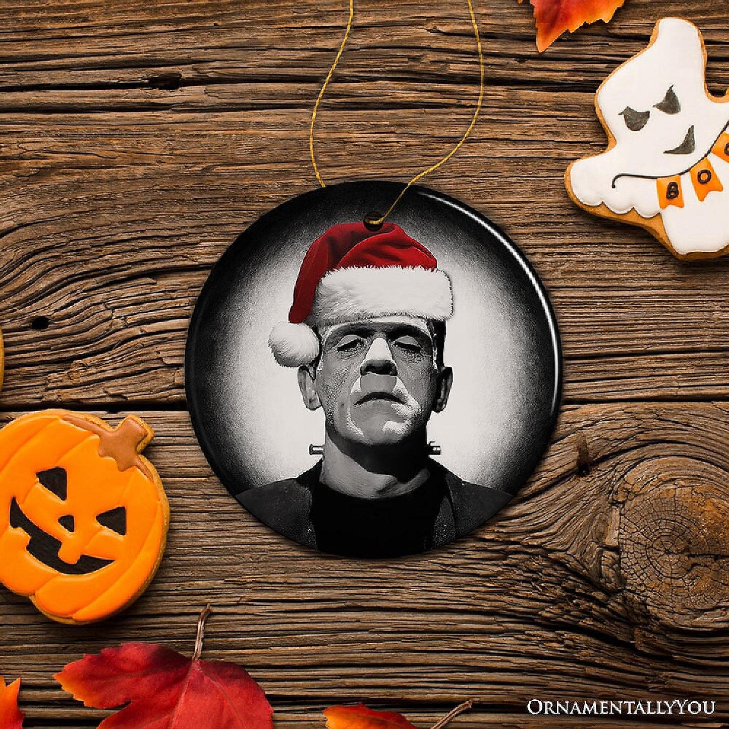 Retro Frankenstein with Santa Hat Ceramic Ornament, Creepy Holiday Gift And Decor, OrnamentallyYou | USA Decoration®