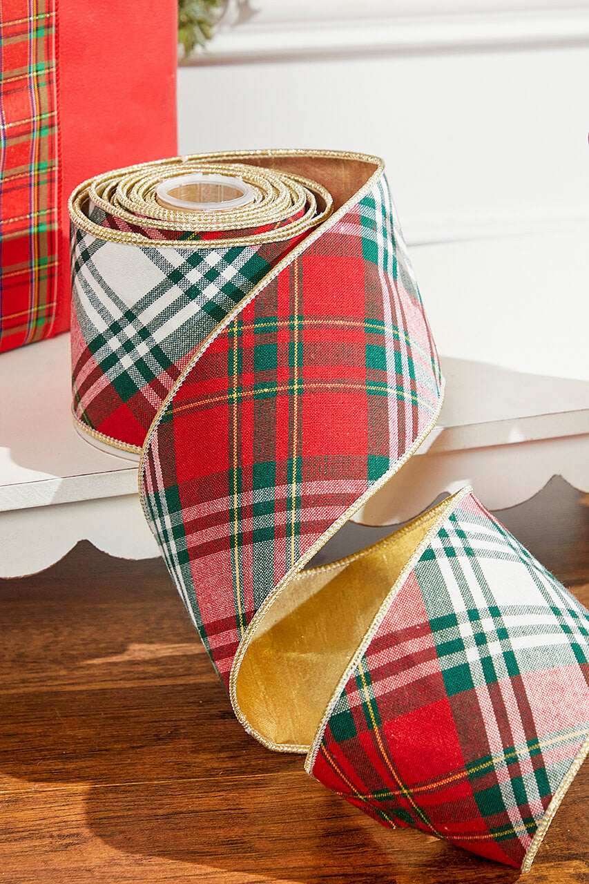 4" x 5 Yard Red, Green, White, and Gold Plaid Wired Ribbon Holiday Craft & Gift Wrapping Decoration