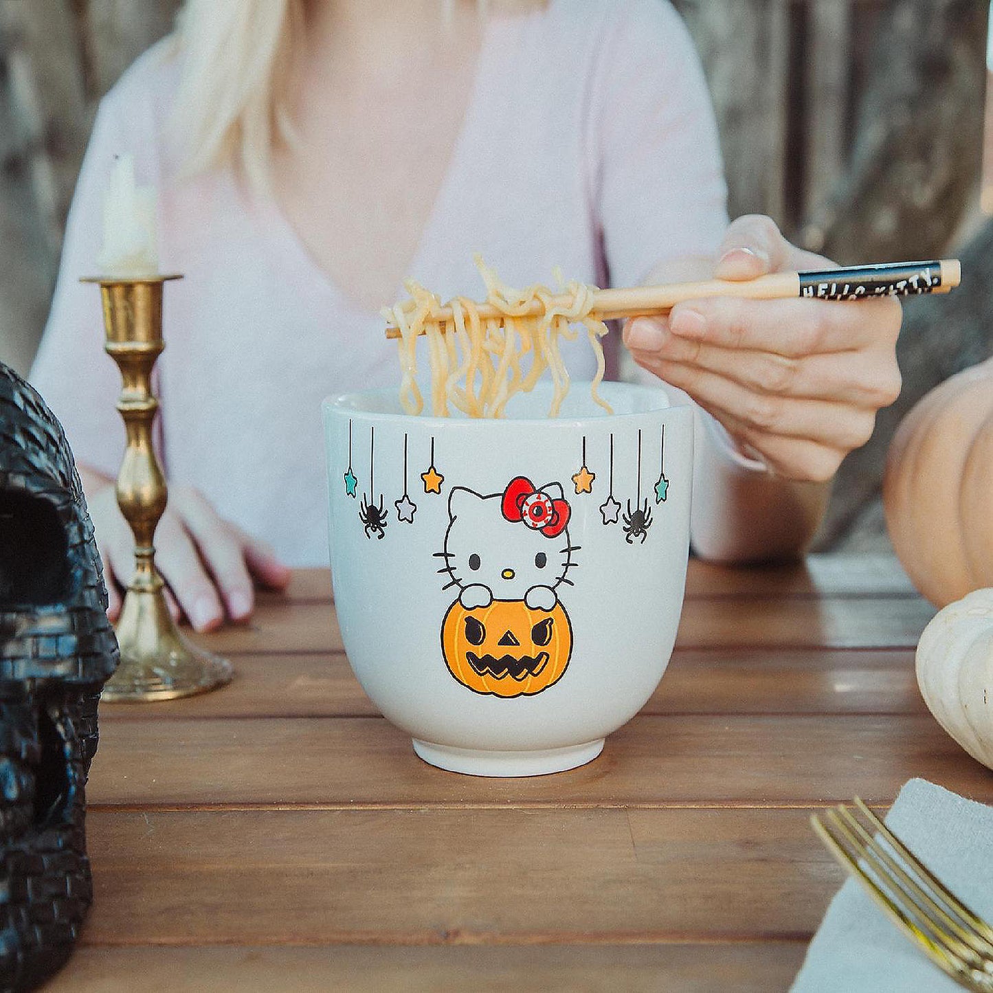 Sanrio Hello Kitty Pumpkin Boo 20-Ounce Ceramic Ramen Bowl and Chopstick Set | USA Decoration®
