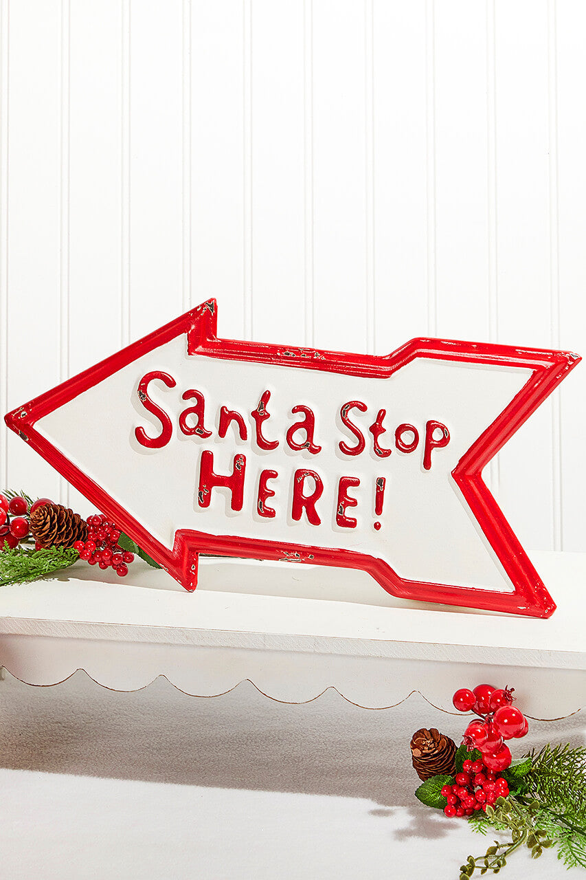 17 Inch x 9 Inch Santa Stop Here Metal Sign for Holiday Decor