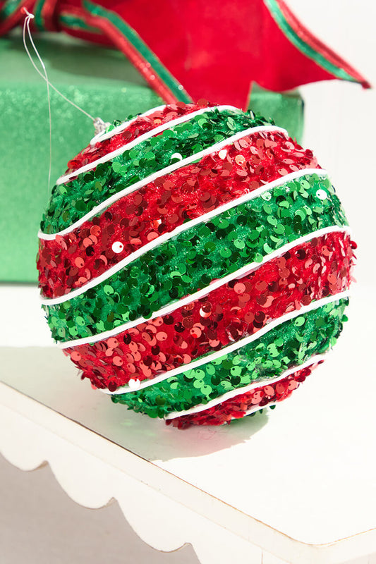 Red and Green Sequin Stripe Ball Ornament 6" Shatterproof Christmas Tree Decoration for Festive Holiday Décor