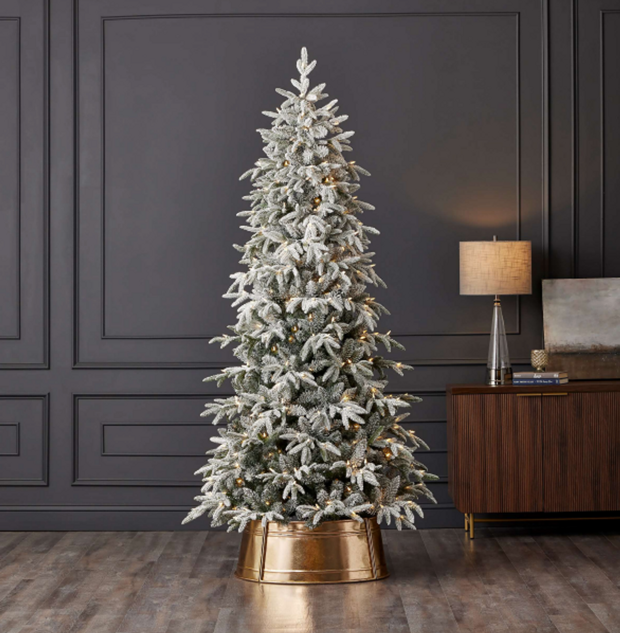7.5' Shadow Woods Flocked Spruce Tree with 400 Warm White LED Lights Elegant Snowy Holiday Tree