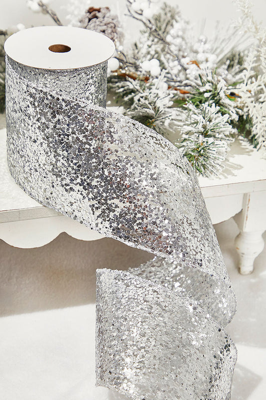 4 Inch x 10 Yard Silver Glitter Wired Ribbon for Holiday Crafting