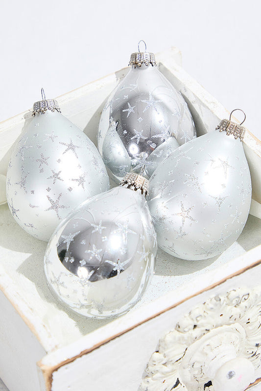 4ct Glass Drop Bright Silver & Silver Pearl Ornaments with Silver Stars