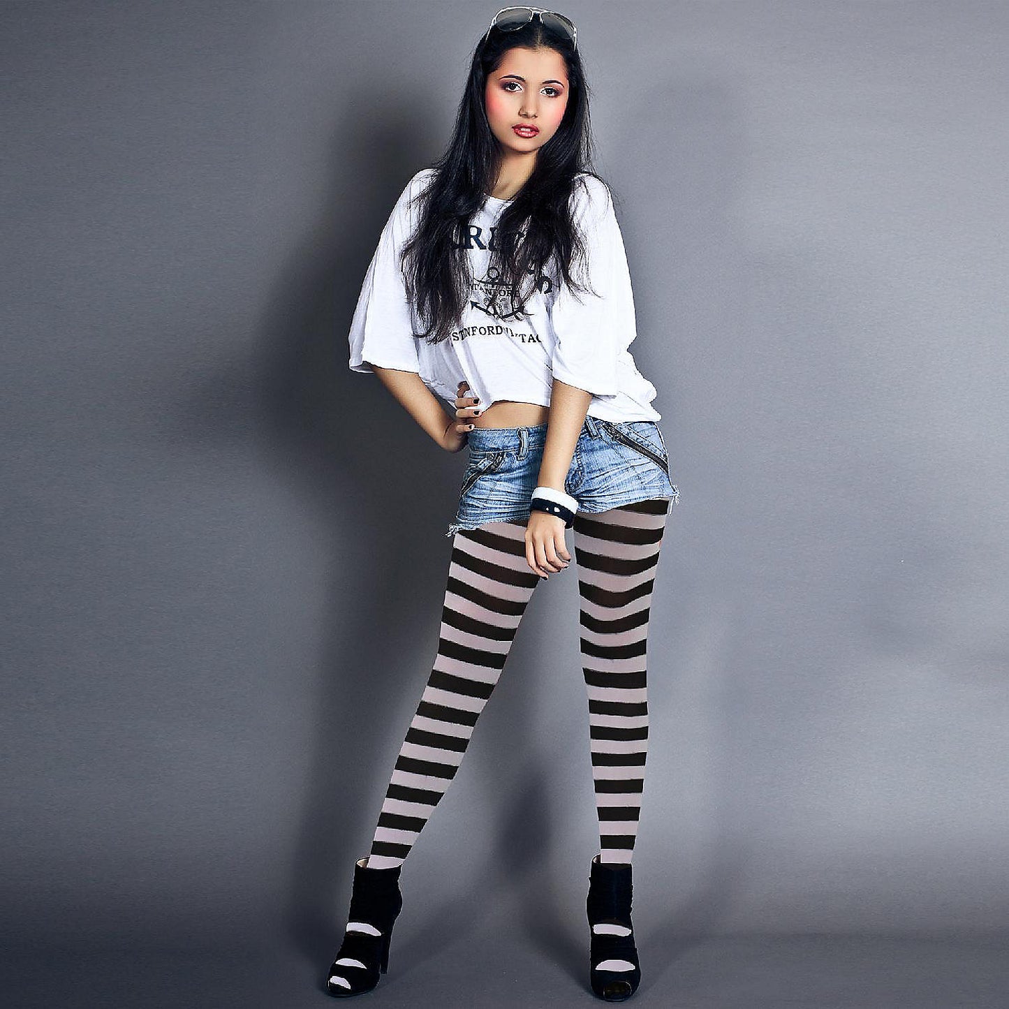 Skeleteen Black and White Tights - Striped Nylon Stretch Pantyhose Stocking Accessories for Every Day Attire and Costumes for Men, Women and Teens | USA Decoration®
