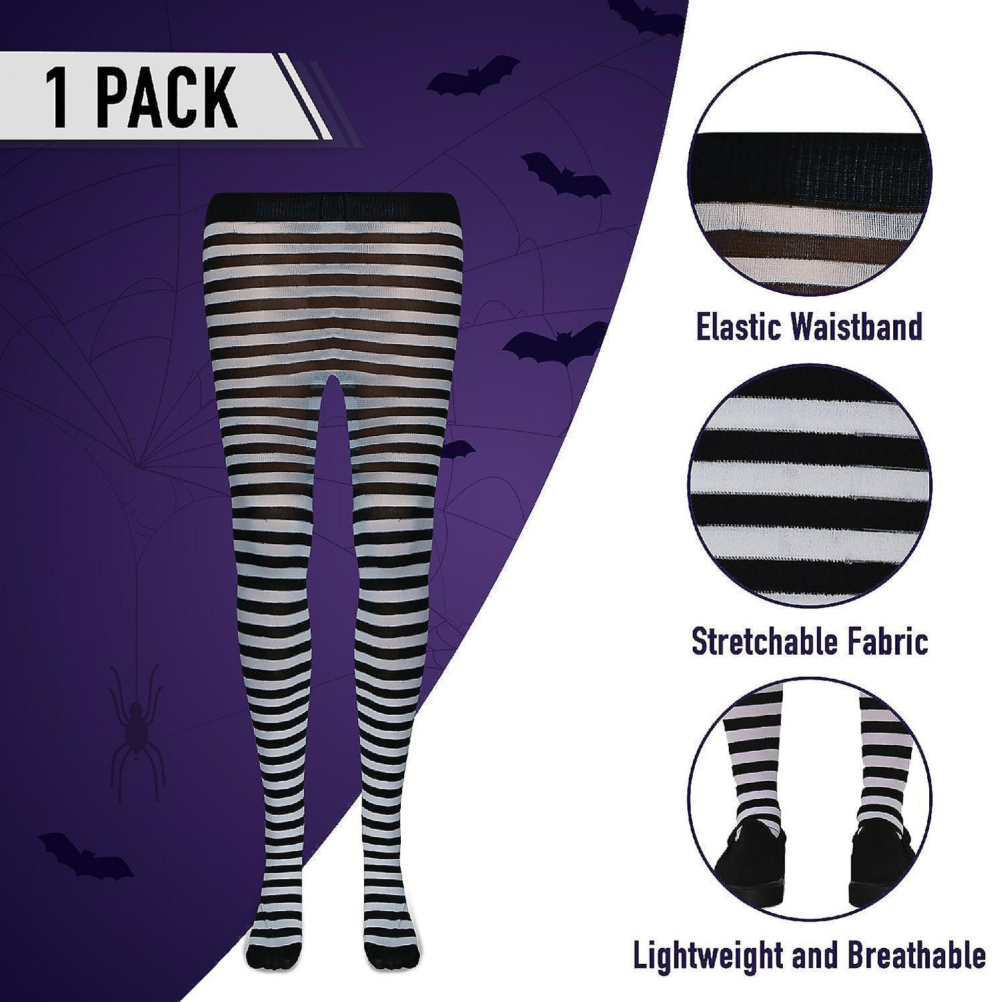 Skeleteen Black and White Tights - Striped Nylon Stretch Pantyhose Stocking Accessories for Every Day Attire and Costumes for Men, Women and Teens | USA Decoration®