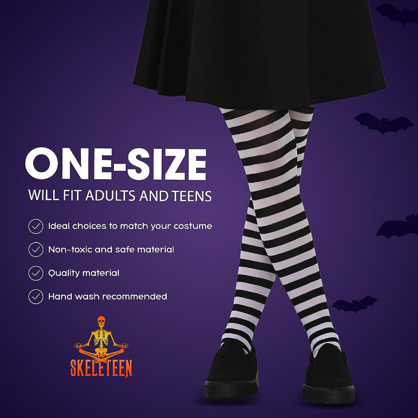 Skeleteen Black and White Tights - Striped Nylon Stretch Pantyhose Stocking Accessories for Every Day Attire and Costumes for Men, Women and Teens | USA Decoration®