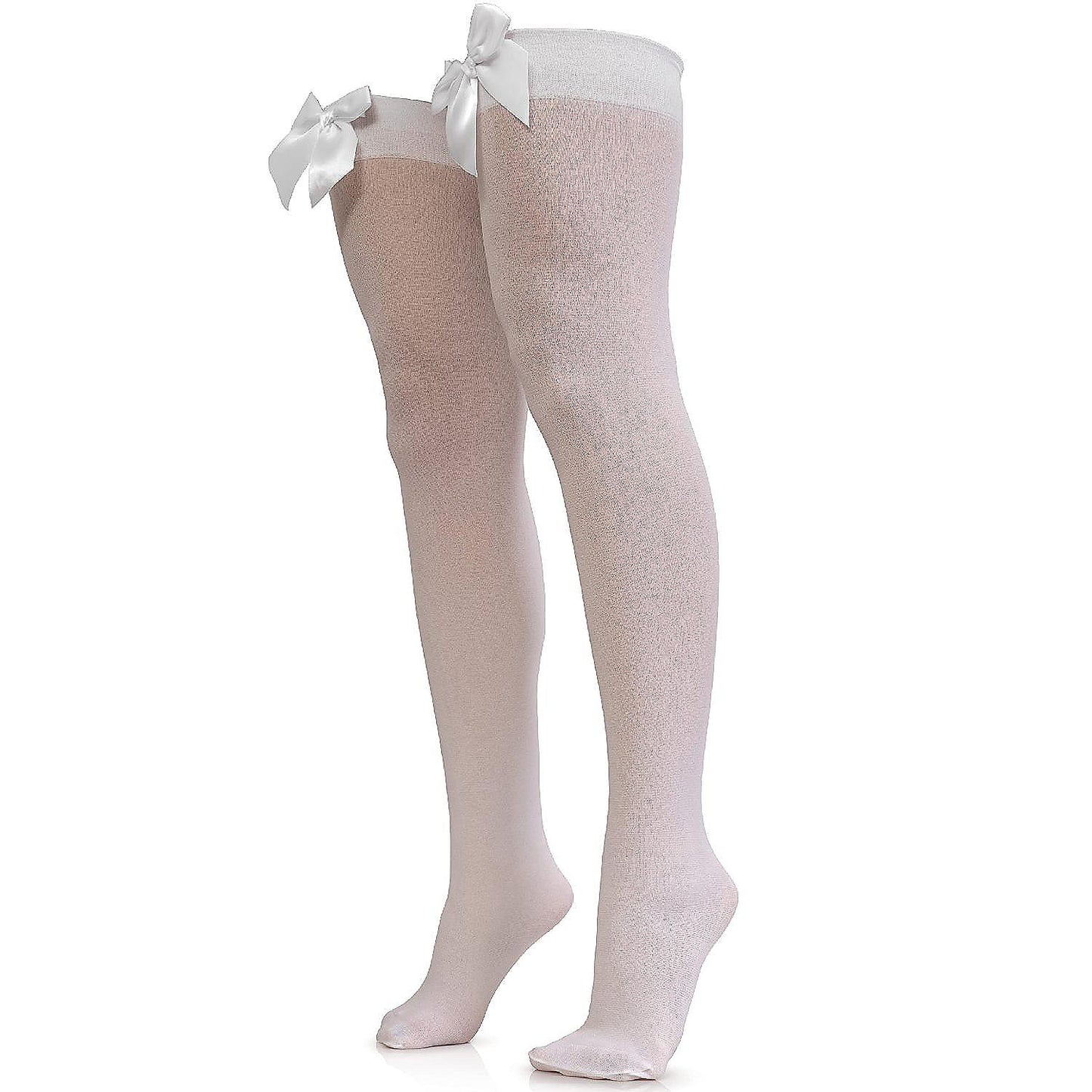 Skeleteen Bow Accent Thigh Highs - White Over the Knee High Stockings with White Satin Ribbon Bow Accent for Women and Girls | USA Decoration®