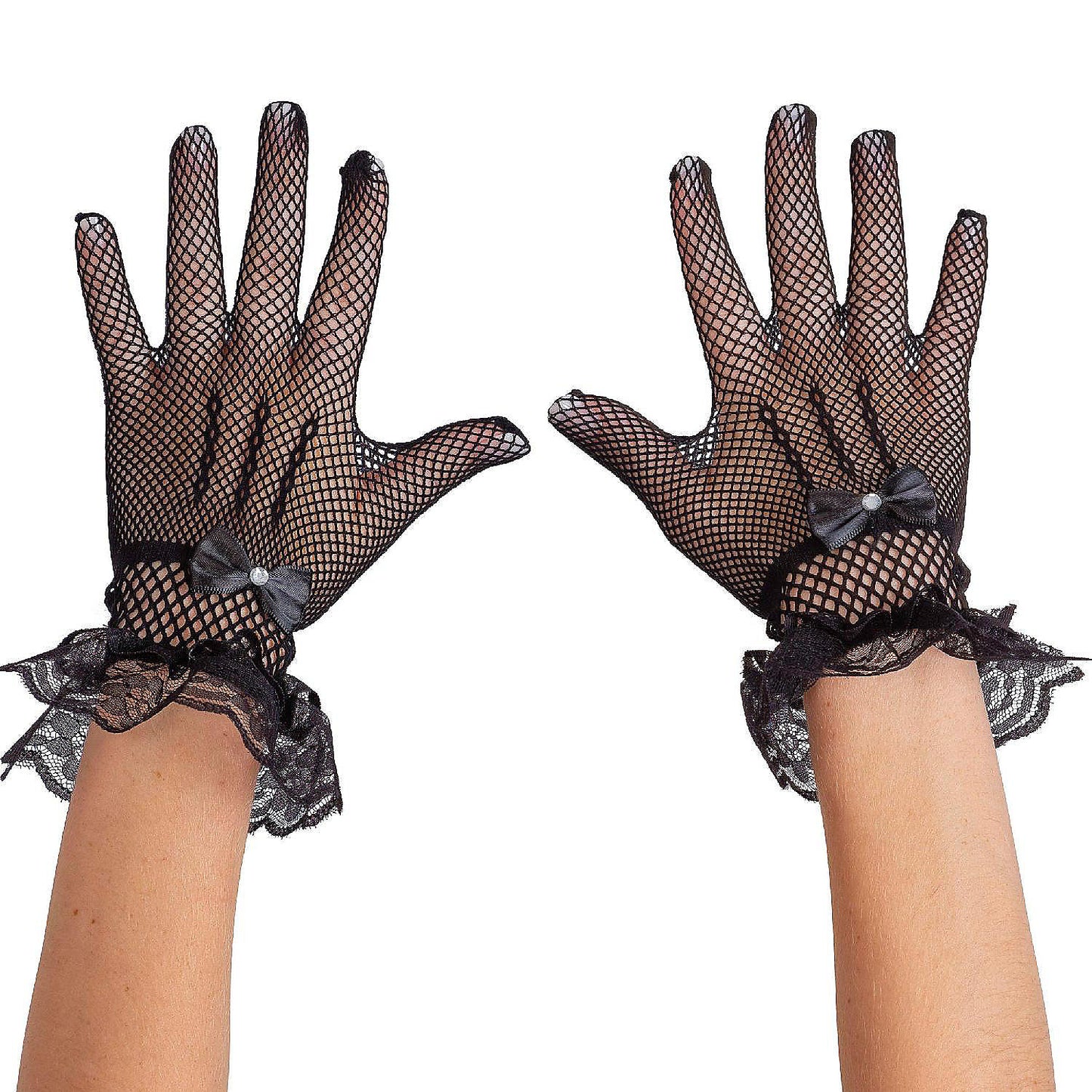 Skeleteen Dress Lace Hand Gloves - Vintage Formal Black Sheer Evening Gloves with Satin Bow and Lace Ruffle Wrist Cuffs for Women and Girls