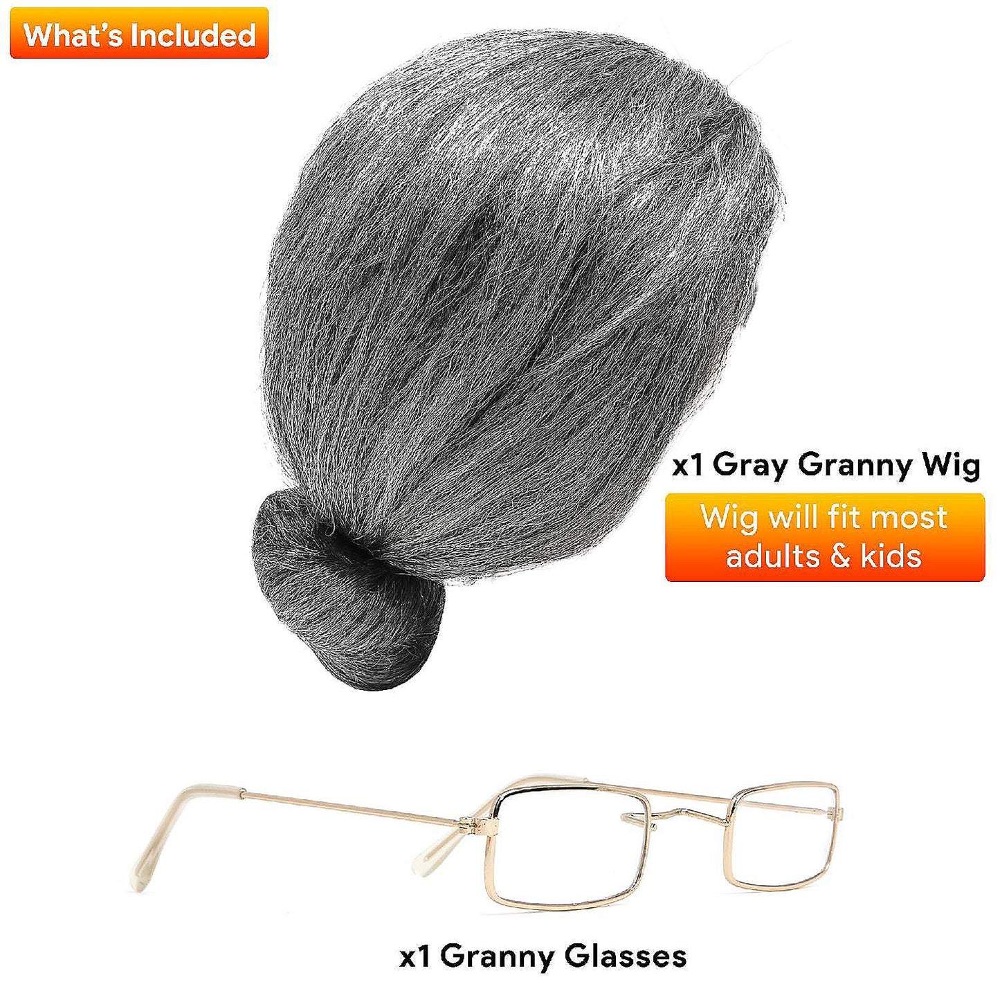 Skeleteen Old Lady Costume Set - Grey Granny Wig and Fake Gold Rectangle Eyeglasses Grandma Set for Women and Girls | USA Decoration®