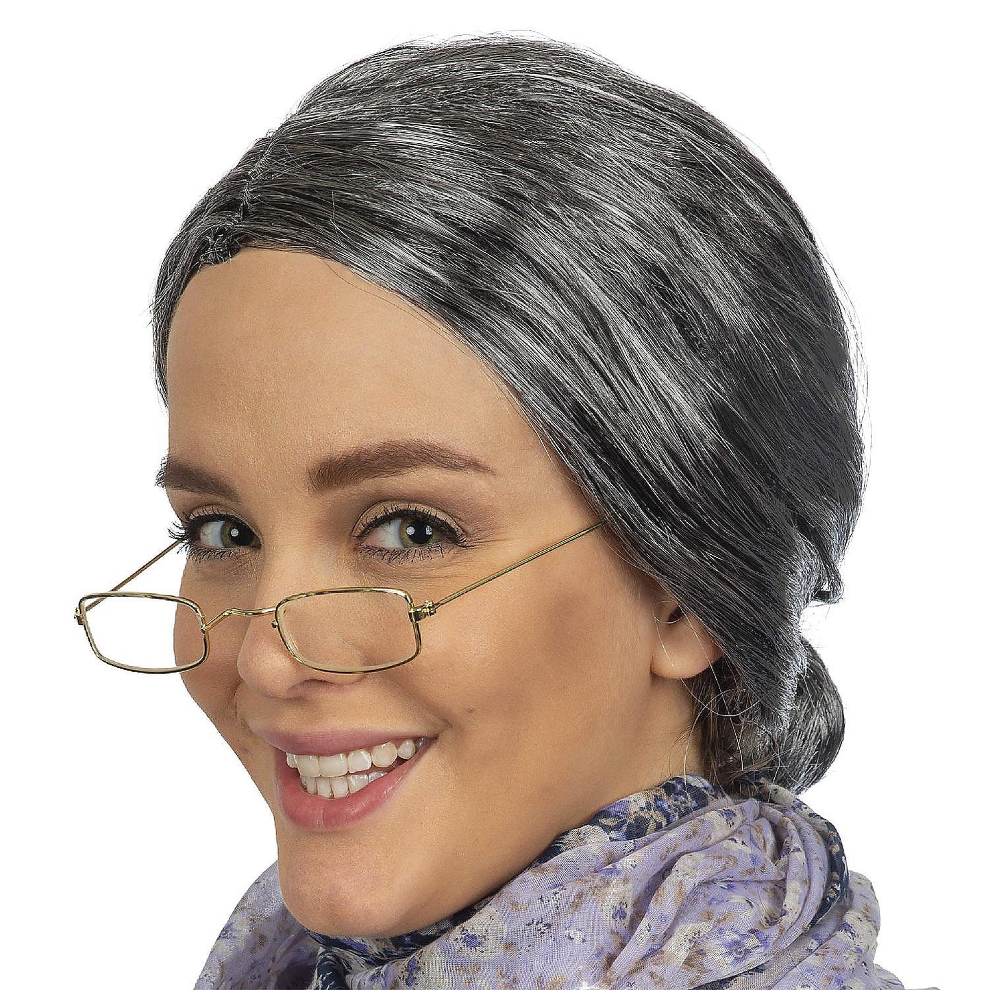 Skeleteen Old Lady Costume Set - Grey Granny Wig and Fake Gold Rectangle Eyeglasses Grandma Set for Women and Girls | USA Decoration®