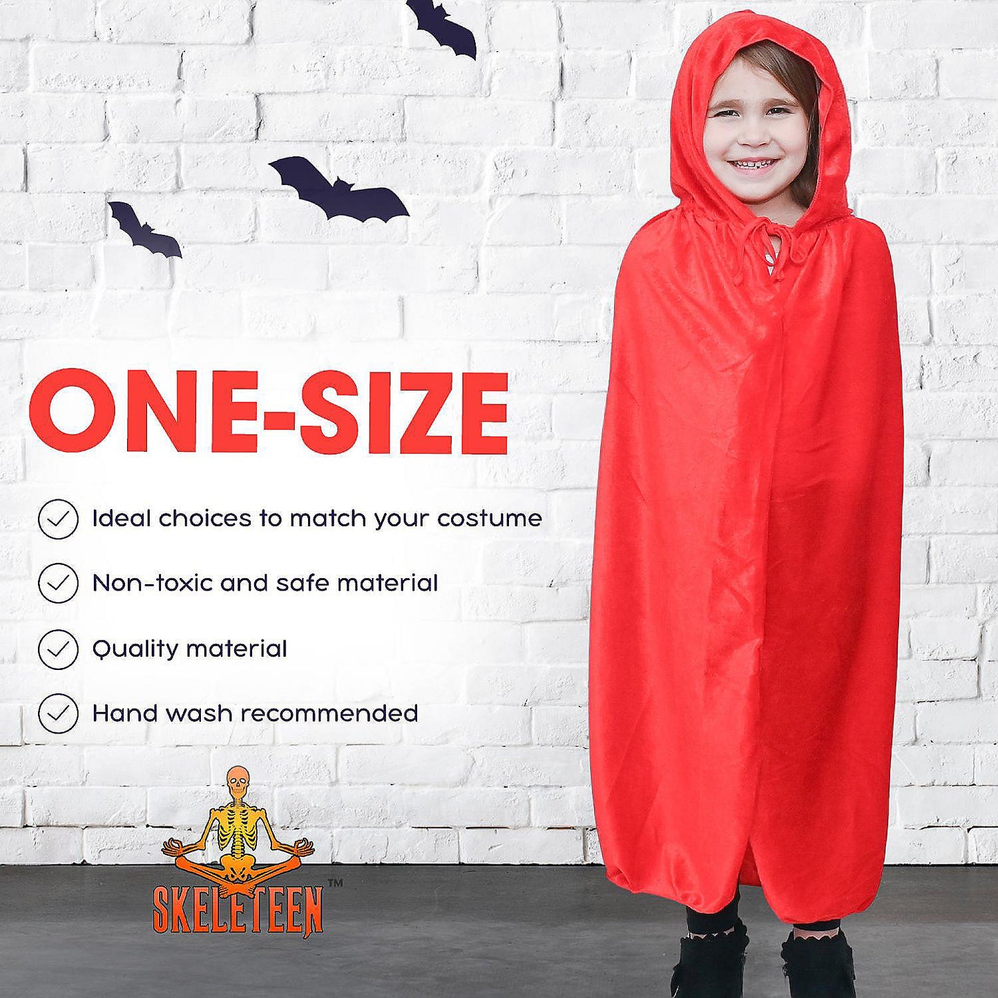 Skeleteen Red Velvet Hooded Cape - Kids Long Velour Vampire and Superhero Halloween Costume Cloak with Hood for Boys and Girls | USA Decoration®