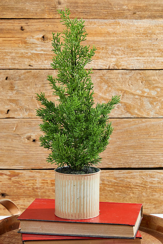 18” Artificial Cypress Tree in Tin Pot Faux Greenery for Rustic or Modern Home Décor