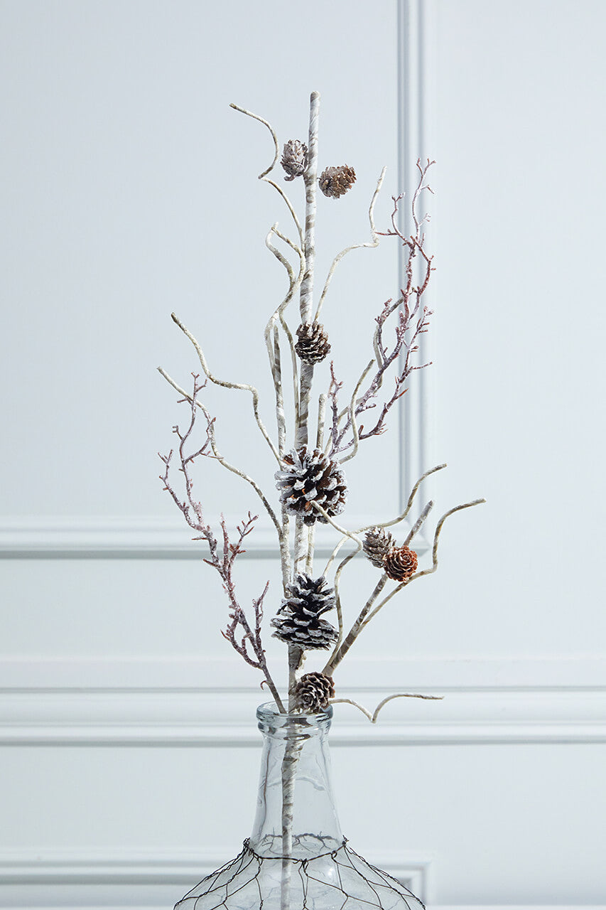 32” Iced Birch Cone Stem Artificial Frosted Pine Cone Branch for Winter and Christmas Decorations