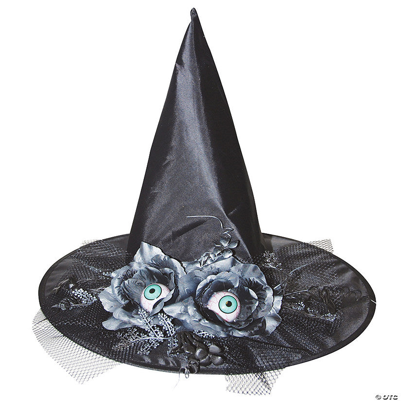 1 Piece(s): Adults Black Witch Hat with Flowers & Eyes | USA Decoration®