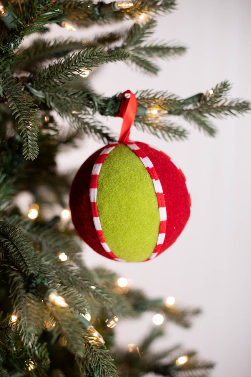 4.5? Green & Red Felt Ball Christmas Ornament Striped Holiday Tree Accent
