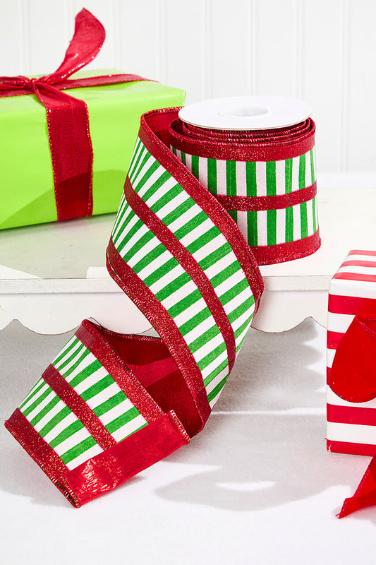 4" x 10 Yard Green and White Striped Ribbon Festive Holiday Craft Ribbon