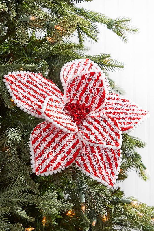 22" Red and White Poinsettia Stem with Cotton Ball Edge Festive Artificial Christmas Flower for Holiday Decorations