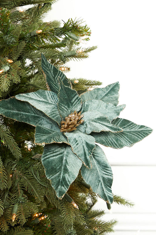 22" Dusty Green Velvet Poinsettia Stem Elegant Holiday Floral Decoration