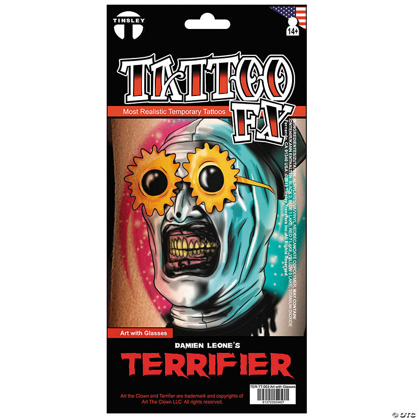 Tinsley Transfers Terrifier 3™ Art the Clown with Sunglasses Temporary Tattoo | USA Decoration®