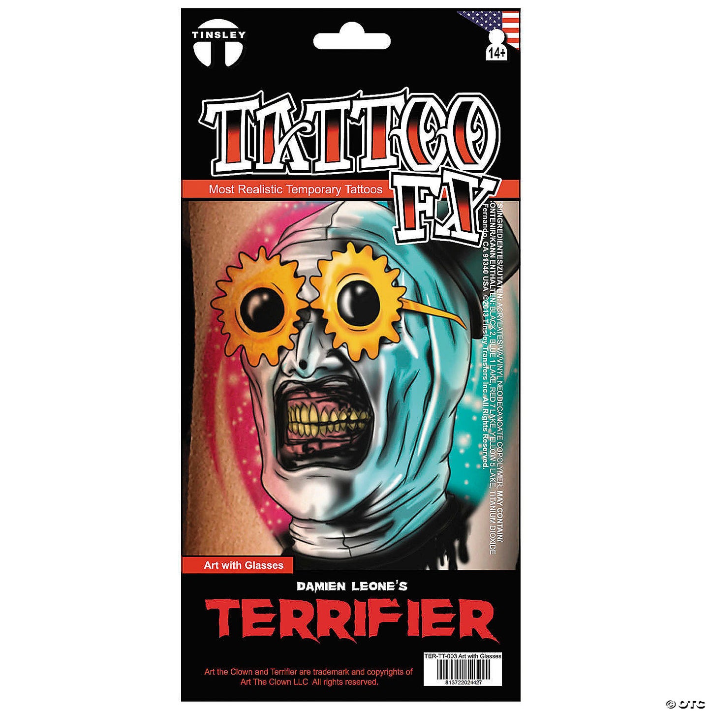 Tinsley Transfers Terrifier 3™ Art the Clown with Sunglasses Temporary Tattoo