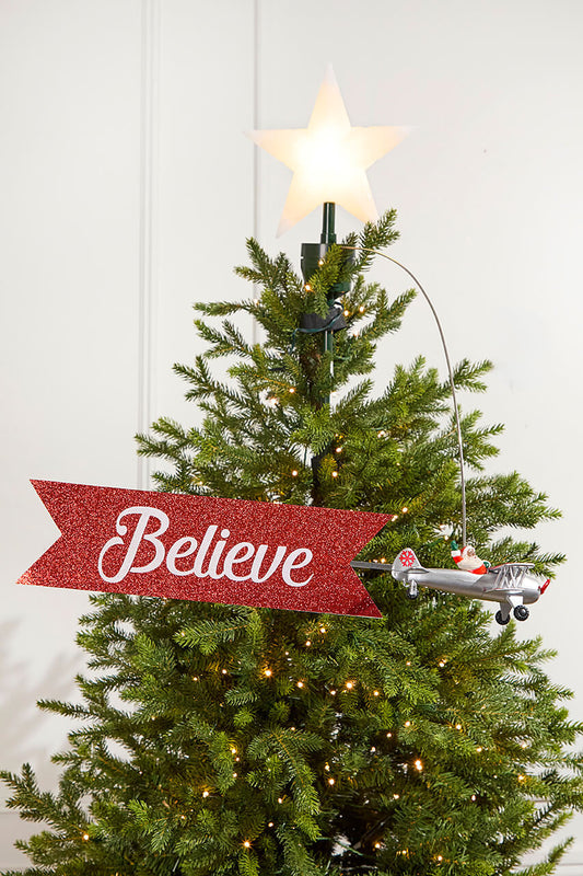 Animated Black Santa’s Biplane Tree Topper Moving Holiday Decoration for Christmas Trees