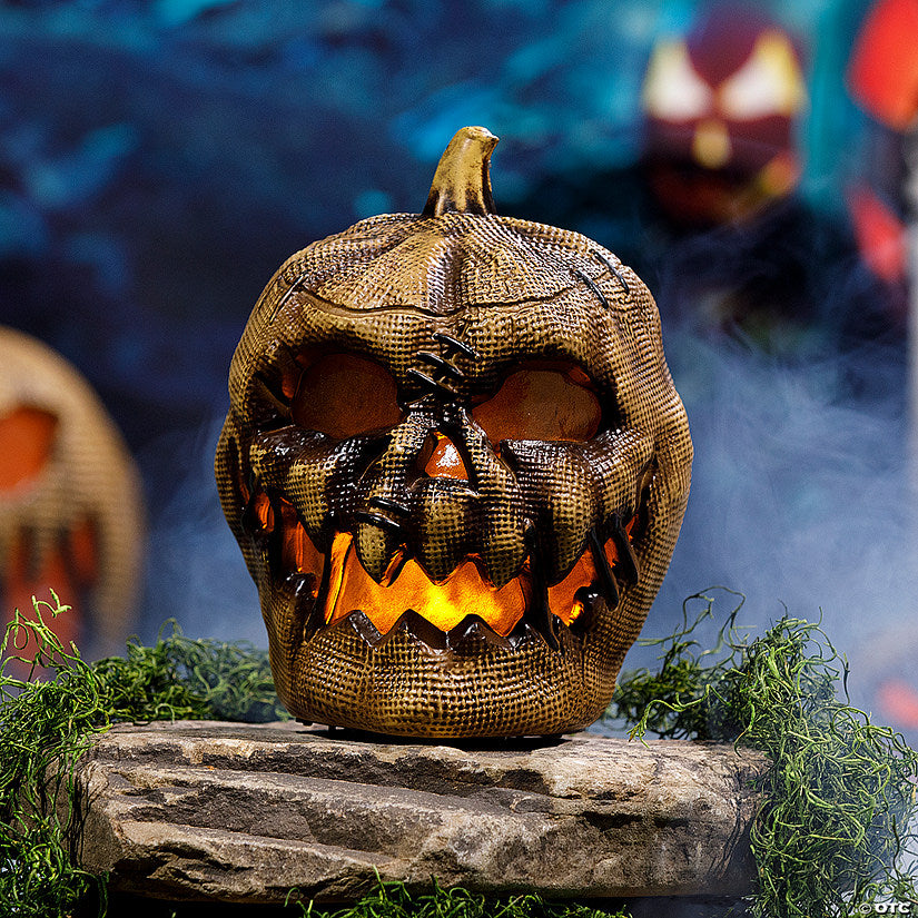 1 Piece(s): 10" Animated Flaming Burlap Pumpkin Halloween Decoration | USA Decoration®