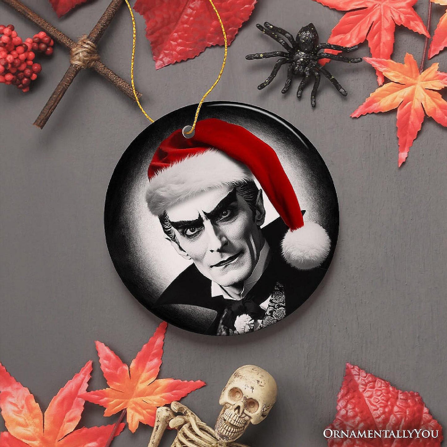 Vintage Dracula with a Santa Hat Ceramic Ornament, Horror Themed Christmas Decor for Halloween Tree, OrnamentallyYou | USA Decoration®