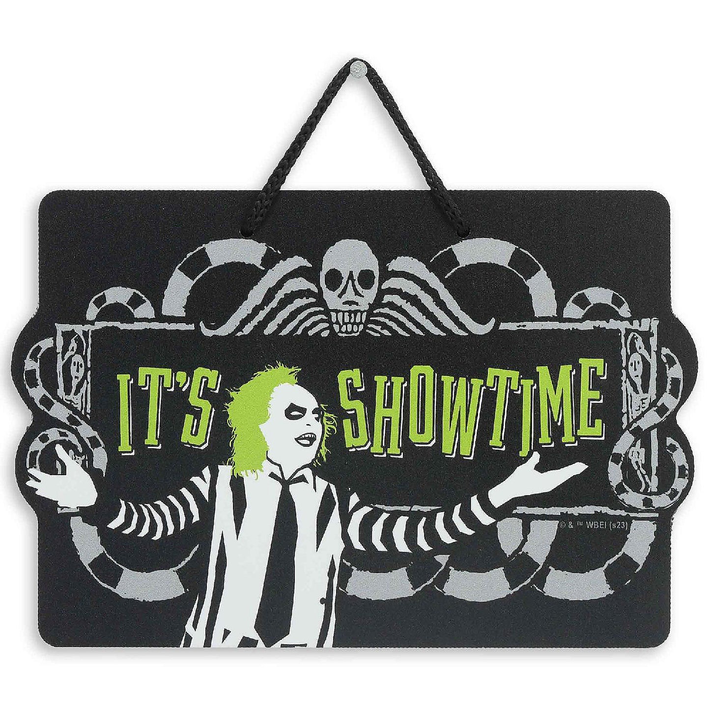 Warner Brothers 5x8. Warner Bros. Beetlejuice It's Showtime Hanging Metal Sign | USA Decoration®