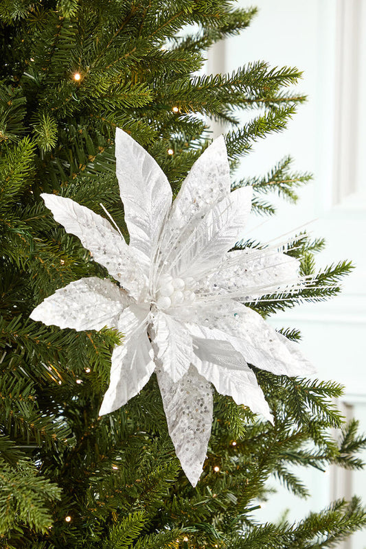 22” Glitter Spray Winter Poinsettia Stem for Holiday Decor