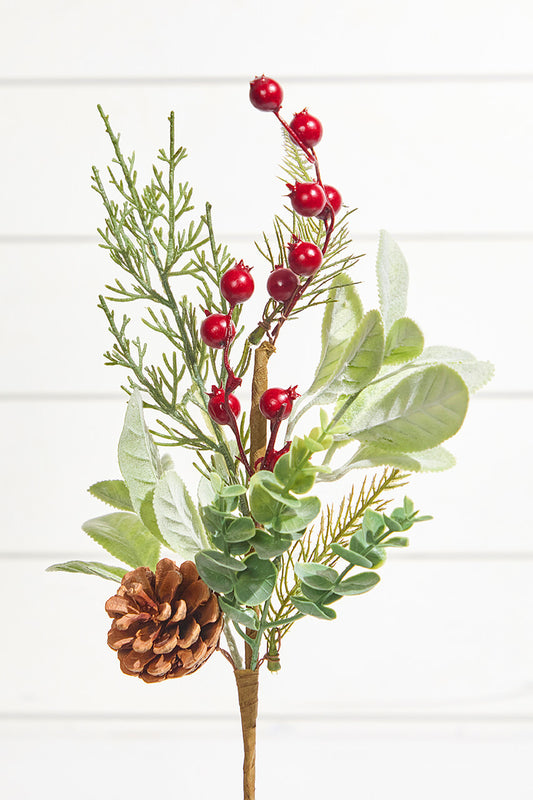 18? Berry & Holly Pine Pick Rustic Holiday Decorative Stem