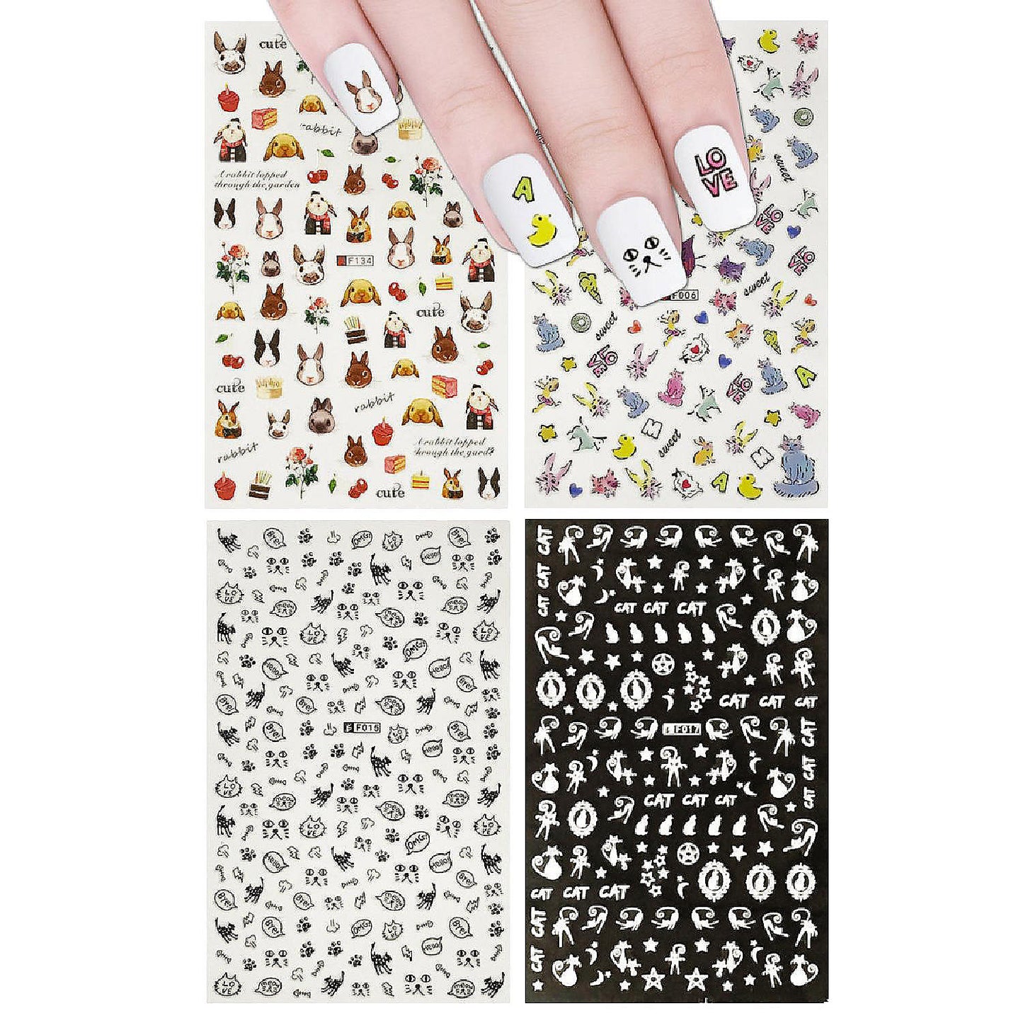 Wrapables 4 Sheets Nail Stickers Nail Art Set - Bunnies & Cats Nail Stickers