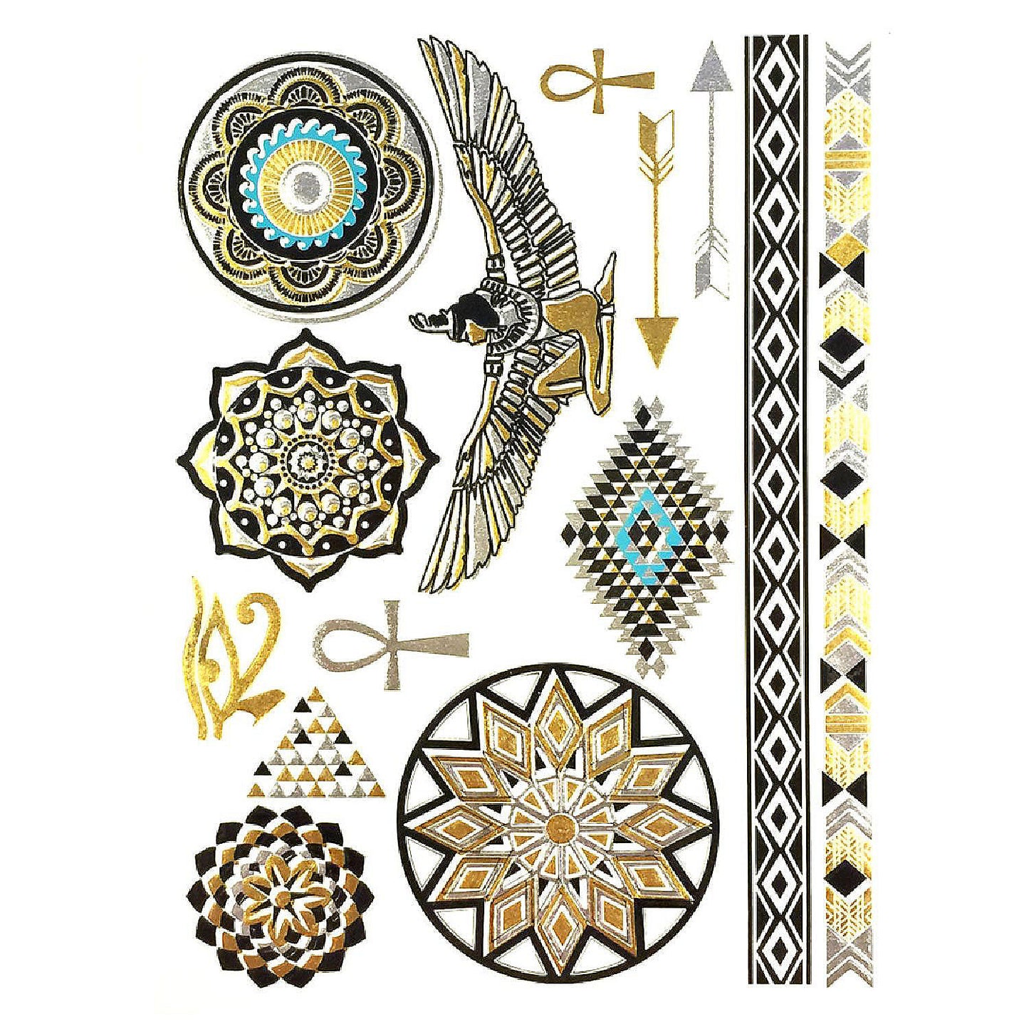 Wrapables Celebrity Inspired Temporary Tattoos in Metallic Gold Silver and Black, Large, Pharaoh